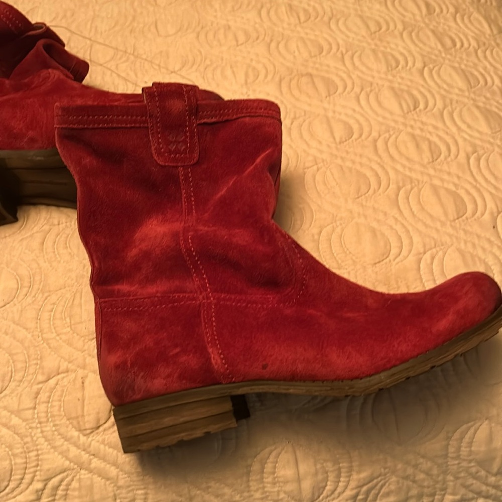 Deep red suede low boots. NIB. Never worn. Size 8.